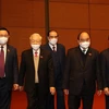 Tổng Bí thư Nguyễn Phú Trọng và các lãnh đạo, nguyên lãnh đạo Đảng, Nhà nước đến dự phiên bế mạc. (Ảnh: Trí Dũng/TTXVN)