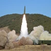 Hình ảnh do Hãng thông tấn Trung ương Triều Tiên công bố ngày 15/1: Tên lửa được phóng thử nghiệm trong cuộc diễn tập của trung đoàn tên lửa đường sắt Triều Tiên tại tỉnh Bắc Pyongan. (Ảnh: AFP/TTXVN)