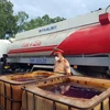 Các thùng chứa dầu DO giả thành phẩm có dung tích khoảng 1.000 lít/thùng. (Ảnh: TTXVN phát)
