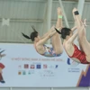 Các vận động viên tập luyện nội dung nhảy cầu đôi nữ. (Ảnh: Minh Quyết/TTXVN) 
