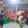Lực lượng chức năng xã Mường Lý (huyện Mường Lát) khẩn trương sơ tán tài sản người dân đến nơi an toàn. (Ảnh: TTXVN phát)