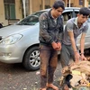 Hai đối tượng trộm chó bị bắt giữ cùng tang vật. (Ảnh: TTXVN phát)
