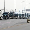 Xe tải xếp hàng dài phía trước cảng hàng hóa ở Incheon, Hàn Quốc, trong thời gian các tài xế tham gia đình công ngày 24/11/2022. (Ảnh: Yonhap/TTXVN)