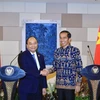 Thủ tướng Nguyễn Xuân Phúc và Tổng thống Cộng hòa Indonesia Joko Widodo gặp gỡ báo chí sau hội đàm tại thành phố Bali (Indonesia) ngày 12/10/2018. (Ảnh: Thống Nhất/TTXVN) 