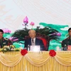 Tổng Bí thư Nguyễn Phú Trọng cùng các lãnh đạo Bộ Quốc phòng chủ trì hội nghị. (Ảnh: Trọng Đức/TTXVN) 