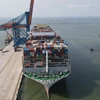 Siêu tàu container M/V OOCL SPAIN là một trong những siêu tàu lớn nhất thế giới và tàu container lớn nhất từ trước đến nay cập hệ thống cảng Việt Nam. (Ảnh: Huỳnh Sơn/TTXVN) 
