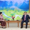 Thủ tướng Phạm Minh Chính tiếp bà Chea Kimtha, Đại sứ Vương quốc Campuchia tại Việt Nam. (Ảnh: Dương Giang/TTXVN) 