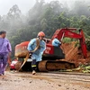 Các lực lượng cứu hộ nỗ lực tìm kiếm 1 người mất tích còn lại trong vụ sạt lở ở đèo Bảo Lộc. (Ảnh: Nguyễn Dũng/TTXVN) 