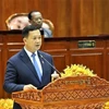 Tiến sỹ Hun Manet phát biểu tại phiên họp sau khi được Quốc hội tín nhiệm giữ cương vị Thủ tướng Chính phủ Hoàng gia Campuchia nhiệm kỳ VII. (Ảnh: AKP/TTXVN phát)