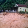 Nhiều nhà dân và các cơ quan đơn vị tại khối 1 thị trấn Mường Xén, huyện Kỳ Sơn (Nghệ An) bị chia cắt do nước lũ chảy xiết. (Nguồn: TTXVN) 