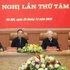 Tổng Bí thư Nguyễn Phú Trọng cùng các lãnh đạo Đảng, Nhà nước, Quân ủy Trung ương chủ trì hội nghị. (Ảnh: Trí Dũng/ TTXVN)