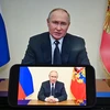 Tổng thống Nga Vladimir Putin phát biểu trên truyền hình toàn quốc, tuyên bố quốc tang sau vụ tấn công khủng bố tại nhà hát Crocus City Hall ở Moskva, ngày 23/3/2024. (Ảnh: THX/TTXVN)