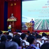Thủ tướng Phạm Minh Chính phát biểu tại Hội nghị công bố quy hoạch tỉnh Tiền Giang. (Ảnh: Dương Giang/ TTXVN)