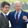 Thủ tướng Pháp Gabriel Attal (trái) đón Tổng thống Mỹ Joe Biden tại sân bay Orly ở Paris, Pháp, ngày 5/6/2024 để tới dự kỷ niệm 80 năm ngày D-Day. (Nguồn: AFP/TTXVN)