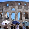 Khách du lịch che ô tránh nắng nóng khi tham quan Đấu trường La Mã ở Rome, Italy ngày 12/7/2024. (Ảnh: THX/TTXVN)