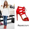 Người đẹp kết hợp đôi Beverly Hills gam đỏ rực rỡ bằng satin của Aquazzura cùng quần jeans với áo sơmi trắng.