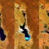 Hồ Poopó cạn dần qua các bức ảnh vệ tinh chụp các thời điểm kế tiếp nhau.
