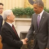 Tổng thống Hoa Kỳ Barack Obama đón Tổng Bí thư Nguyễn Phú Trọng tại Nhà Trắng, tháng 7/2015. (Ảnh: Trí Dũng/TTXVN)