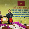 Đại diện Chính phủ Việt Nam trao tặng thuốc cho đại diện Chính phủ Lào. (Ảnh: PV/Vietnam+)