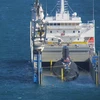 Tàu vận tải hạng năng Rolldock Star thực hiện hạ chìm kỹ thuật tàu ngầm Hải Phòng. (Ảnh: Tiên Minh/TTXVN)