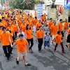 Các tình nguyện viên tham gia đi bộ đồng hành vì nạn nhân chất độc da cam. (Ảnh: An Hiếu/TTXVN)
