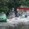 Một tuyến đường ở Huế bị ngập sâu trong nước. (Ảnh: Tường Vi/TTXVN)