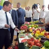 Thủ tướng Nga Dmitry Medvedev kiểm tra các sản phẩm nông nghiệp trong chuyến thăm thành phố Krasnodar, miền nam Nga. (Nguồn: AFP/TTXVN)