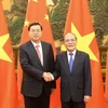 Chủ tịch Quốc hội Nguyễn Sinh Hùng và Chủ tịch Nhân Đại Trương Đức Giang tại lễ đón. (Ảnh: Nhan Sáng/TTXVN)