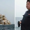 Nhà lãnh đạo Triều Tiên Kim Jong-Un theo dõi vụ phóng thử tên lửa từ tàu ngầm nước này ngày 10/5/2015. (Nguồn: Reuters/TTXVN)