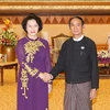 Chủ tịch Quốc hội Nguyễn Thị Kim Ngân hội kiến với Chủ tịch Hạ viện Myanmar Win Myint. (Ảnh: Trọng Đức/TTXVN)