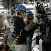 Công nhân làm việc tại dây chuyền sản xuất xe tải của Hãng Mitsubishi Fuso tại Kawasaki, Nhật Bản. (Nguồn: EPA/TTXVN)
