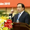 Bí thư Thành ủy Hà Nội Hoàng Trung Hải phát biểu tại hội nghị. (Ảnh: An Đăng/TTXVN)
