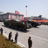 Tên lửa Musudan trong lễ duyệt binh nhân kỷ niệm 100 năm ngày sinh của cố Lãnh tụ Triều Tiên Kim Nhật Thành tại thủ đô Bình Nhưỡng ngày 15/4/2012. (Nguồn: AFP/TTXVN)