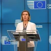 Đại diện cấp cao về chính sách an ninh và đối ngoại của EU, bà Federica Mogherini, phát biểu tại buổi họp báo. (Ảnh: Kim Chung/TTXVN)