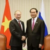 Chủ tịch nước Trần Đại Quang gặp Tổng thống Liên bang Nga Putin trong khuôn khổ Tuần lễ Cấp cao APEC lần thứ 24 tại Peru. (Nguồn: TTXVN)