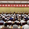 Chủ nhiệm CCDI Vương Kỳ Sơn (giữa) phát biểu trong một cuộc họp về đợt thanh tra chống tham nhũng tại thủ đô Bắc Kinh, Trung Quốc. (Nguồn: THX/TTXVN)