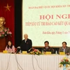 Tổng Bí thư Nguyễn Phú Trọng phát biểu tại buổi tiếp xúc cử tri quận Hoàn Kiếm. (Ảnh: Trí Dũng/TTXVN)