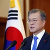 Tổng thống Hàn Quốc Moon Jae-in trong cuộc họp báo tại Seoul ngày 10/1. (Nguồn: Yonhap/TTXVN)