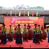 Tiết mục trống hội tại Lễ hội truyền thống Văn Miếu Mao Điền và Ngày hội sách xuân 2019. (Ảnh: Mạnh Tú/TTXVN)