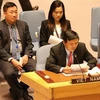 Phái đoàn đại diện thường trực Việt Nam tại Liên hợp quốc tham dự phiên thảo luận của Hội đồng Bảo an Liên hợp quốc. (Ảnh: Hữu Thanh/TTXVN)