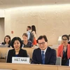 Đại sứ Dương Chí Dũng (người thứ 3 từ trái sang) và đoàn đại biểu Việt Nam tham dự phiên thảo luận về Quyền phụ nữ và biến đổi khí hậu: hành động về khí hậu, thực tiễn và bài học tốt. (Ảnh: TTXVN phát)