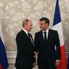 Tổng thống Nga Vladimir Putin (trái) và người đồng cấp Pháp Emmanuel Macron (phải) tại cuộc gặp ở Osaka, Nhật Bản, ngày 28/6. (Ảnh: AFP/TTXVN)