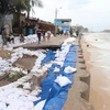 Khu vực kè biển xã Nhơn Hải đã được Bộ đội Biên phòng Bình Định hỗ trợ chèn bao cát chống xói lở. (Ảnh: Phạm Kha/TTXVN)