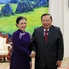 Tổng Bí thư, Chủ tịch nước Lào tiếp bà Nguyễn Phương Nga. (Ảnh: Phạm Kiên/Vietnam+)