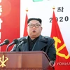 Nhà lãnh đạo Triều Tiên Kim Jong-un phát biểu tại lễ khởi công. (Nguồn: Yonhap)