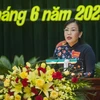 Bà Nguyễn Thanh Hải, Ủy viên Trung ương, Bí thư Tỉnh ủy Thái Nguyên phát biểu tại Đại hội. (Ảnh: Thu Hằng/TTXVN)