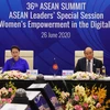 Thủ tướng Nguyễn Xuân Phúc, Chủ tịch ASEAN 2020 và Chủ tịch Quốc hội Nguyễn Thị Kim Ngân, Chủ tịch AIPA 41 dự Phiên họp đặc biệt của các nhà Lãnh đạo ASEAN tại Hội nghị Cấp cao ASEAN 36 về tăng quyền năng phụ nữ trong thời đại số. (Ảnh: TTXVN)