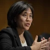 Bà Katherine Tai phát biểu trong phiên điều trần tại Ủy ban Tài chính Thượng viện Mỹ, Washington, DC. (Ảnh: AFP/TTXVN)