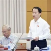 Chủ nhiệm Ủy ban Pháp luật của Quốc hội Hoàng Thanh Tùng, đại diện Đoàn giám sát chuyên đề trình bày báo cáo. (Ảnh: Doãn Tấn/TTXVN)