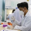 Các y, bác sỹ Trung tâm kiểm soát bệnh tật tỉnh Phú Yên thực hiện các công đoạn trong xét nghiệm SARS-CoV-2. (Ảnh: Phạm Cường/TTXVN)